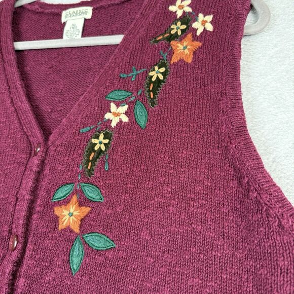 Vtg Sweater Vest Womens XL Burgundy Floral Embroidered Knit Grandma Cottage Boho - Picture 2 of 9